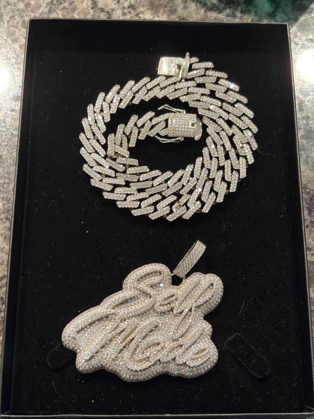 Iced out “Self Made” Pendant with 16in iced out silver cuban link chain